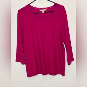 LAURA ASHLEY LARGE, Fushia Lace Neckline 3/4 Sleeves Cotton Blend Top.Beautiful!
